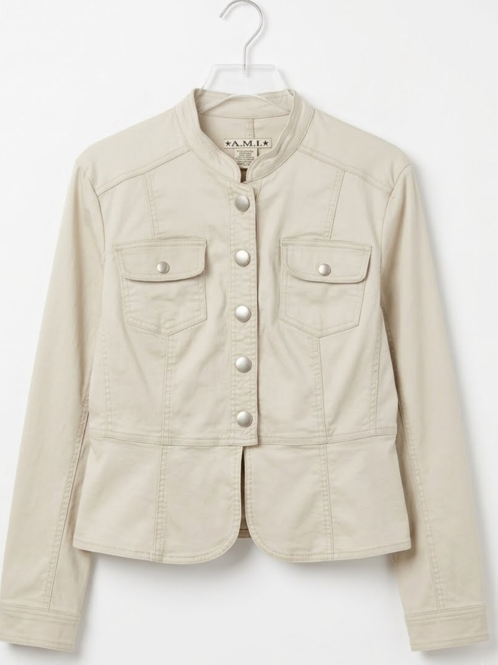 Ami Cream Button-Front Peplum Utility Jacket, Cotton